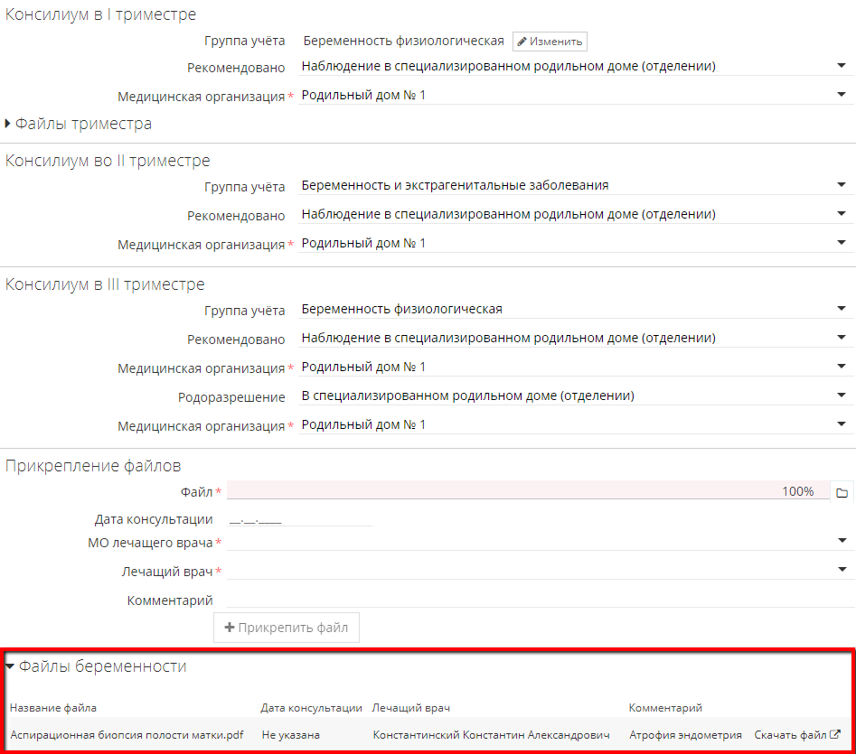 Раздел «Файлы беременности» (общий раздел) в системе наблюдения беременных