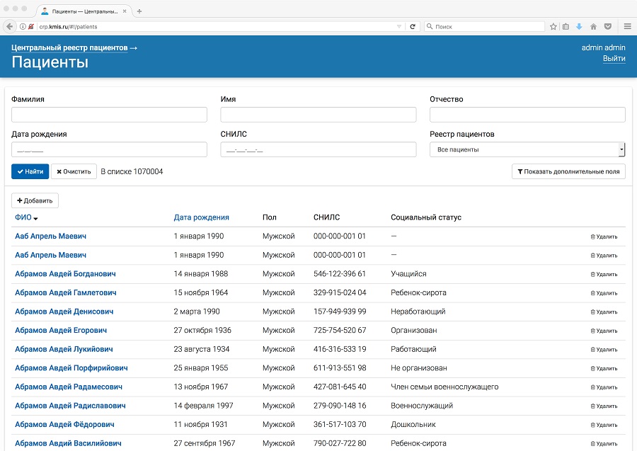 Скриншот модуля пациенты ЦРП